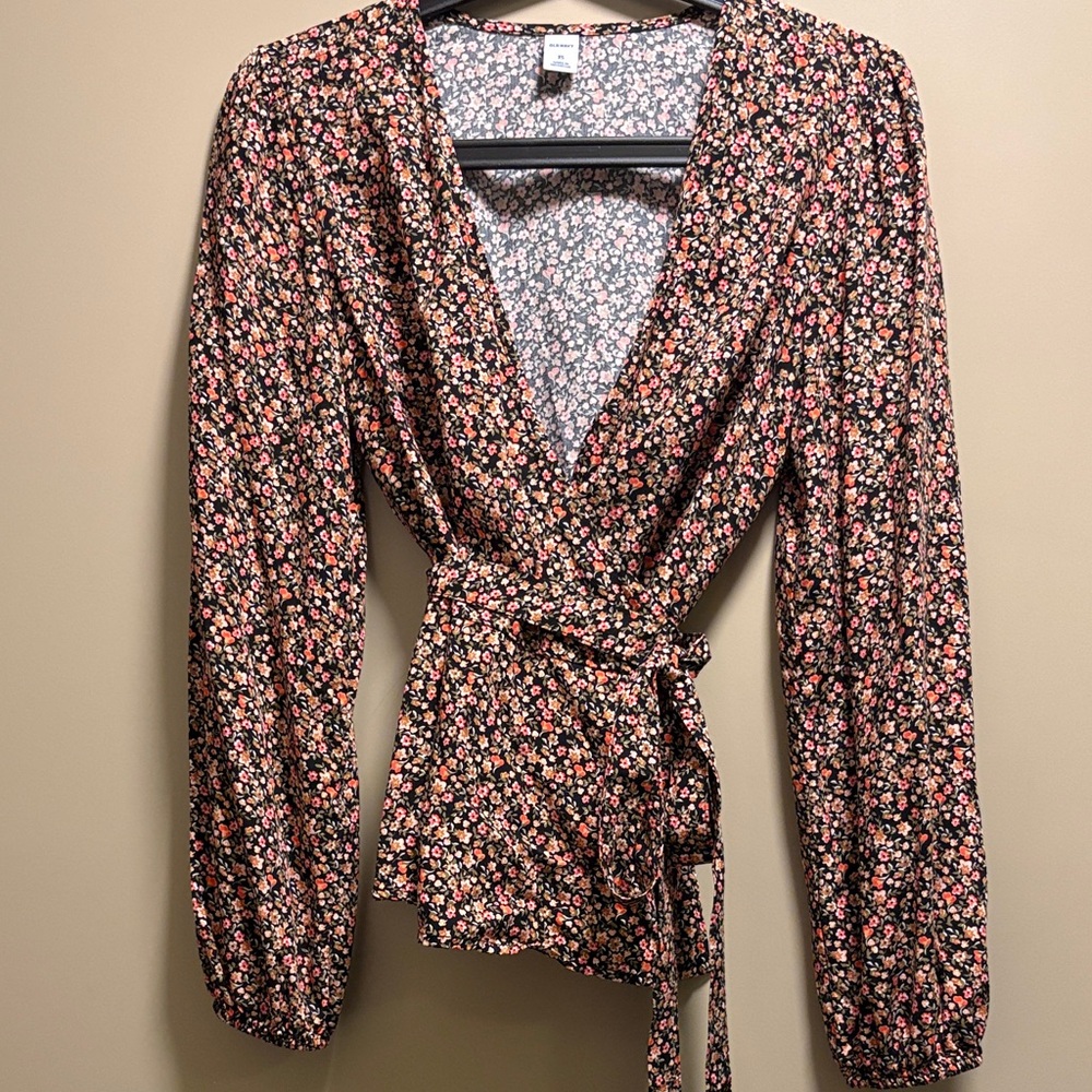 Old Navy Floral Wrap Blouse - Black and Pink